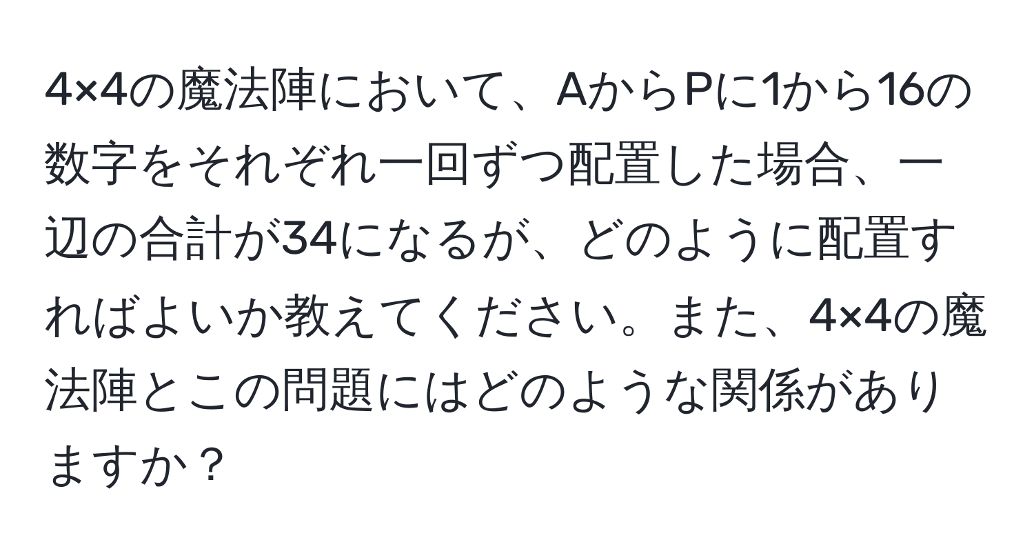 4×4の魔法陣において、AからPに1から16の数字をそれぞれ一回ずつ配置した場合、一辺の合計が34になるが、どのように配置すればよいか教えてください。また、4×4の魔法陣とこの問題にはどのような関係がありますか？