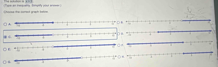 The solution is x>3. 
(Type an inequality. Simplify your answer.) 
Choose the correct graph below.
-10