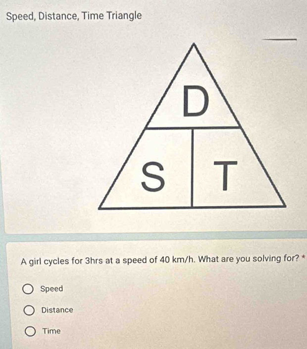 Speed, Distance, Time Triangle
A girl cycles for 3hrs at a speed of 40 km/h. What are you solving for? *
Speed
Distance
Time