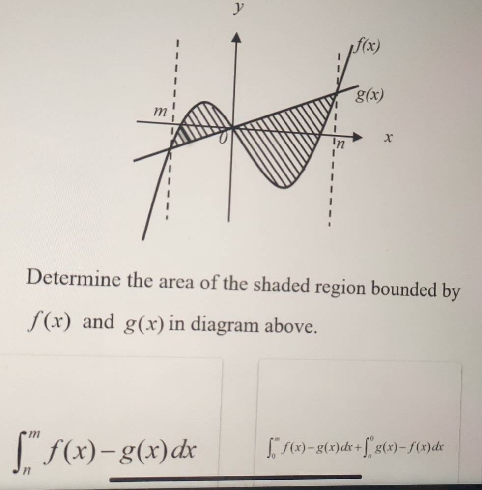 Determine the area of the shaded region bounded by
f(x) and g(x) in diagram above.
∈t _n^mf(x)-g(x)dx
∈t _0^mf(x)-g(x)dx+∈t _n^0g(x)-f(x)dx