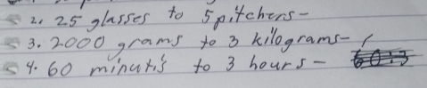 25 glasses to 5pitchers. 
3. 2000 grams to 3 kilograms- /
4. 60 minutis to 3 hours -