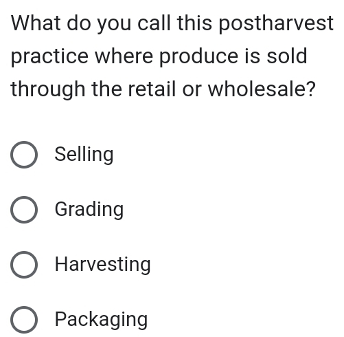 What do you call this postharvest
practice where produce is sold
through the retail or wholesale?
Selling
Grading
Harvesting
Packaging