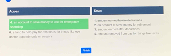 Across Down 
4. an account to save money to use for emergency 1. amount eared before deductions 
spending 2. an account to save money for retirement 
6. a fund to help pay for expenses for things like eye 3. amount earned after deductions 
doctor appointments or surgery 5, amount removed from pay for things like taxes 
Finish