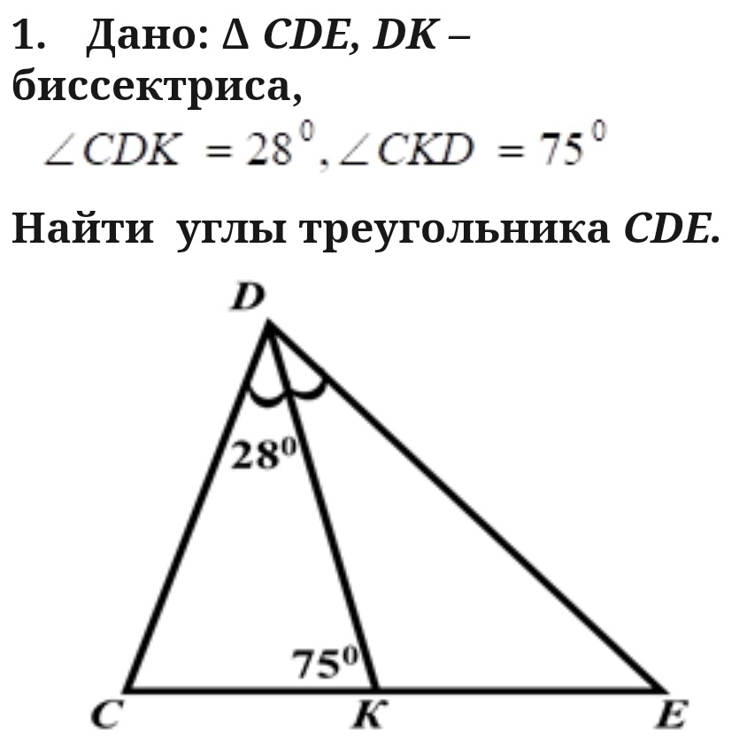 Дано: △ CDE,DK-
биссектриса,
∠ CDK=28°,∠ CKD=75°
Ηайти углы треугольника СDE.