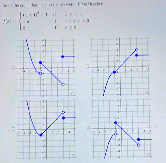 Select the graph that matches the piecewise defined function:
f(x)=beginarrayl (x+1)^2-1ifx <3 2ifx≥ 3endarray.