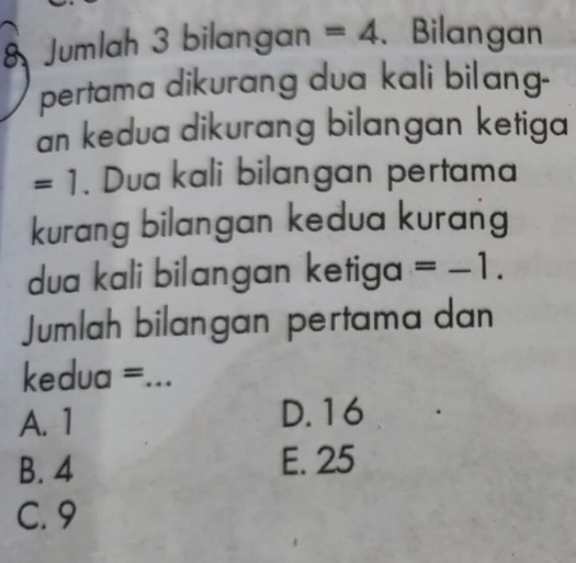 Jumlah 3 bilangan =4 、Bilangan
pertama dikurang dua kali bilang-
an kedua dikurang bilangan ketiga
=1 * Dua kali bilangan pertama
kurang bilangan kedua kurang 
dua kali bilangan ketiga =-1. 
Jumlah bilangan pertama dan
kedua =_
A. 1 D. 16
B. 4 E. 25
C. 9