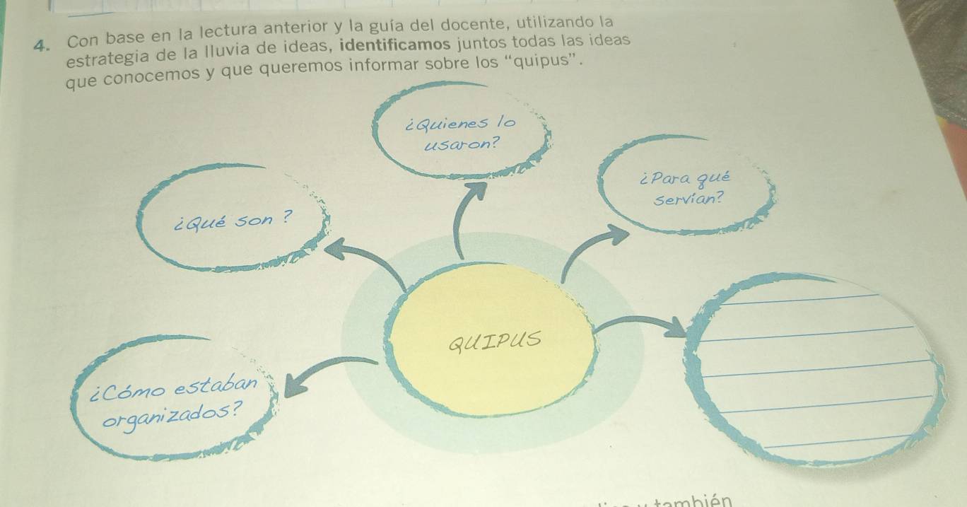 Con base en la lectura anterior y la guía del docente, utilizando la 
estrategia de la lluvia de ideas, identificamos juntos todas las ideas 
informar sobre los “quipus”. 
nión