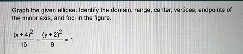 Graph the given ellipse. Identify the domain, range, center, vertices, endpoints of 
the minor axis, and foci in the figure.
frac (x+4)^216+frac (y+2)^29=1