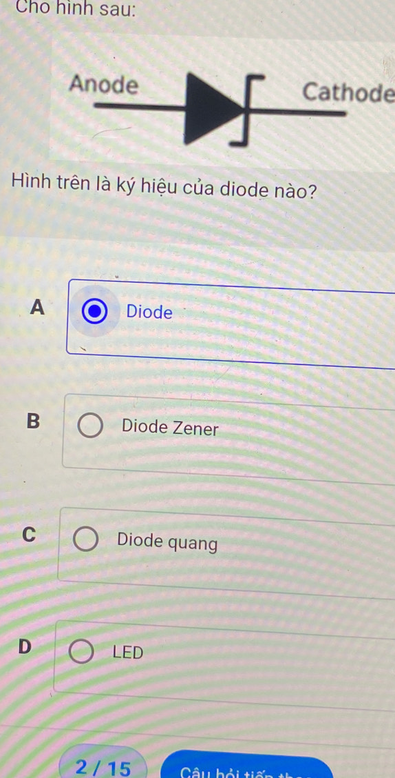 Cho hình sau:
Cathode
Hình trên là ký hiệu của diode nào?
A Diode
B Diode Zener
C Diode quang
D
LED
2 / 15 Câu