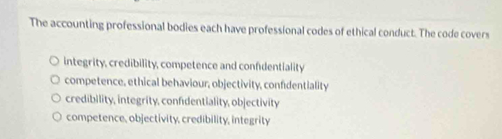 The accounting professional bodies each have professional codes of ethical conduct. The code covers
integrity, credibility, competence and confdentiality
competence, ethical behaviour, objectivity, confidentiality
credibility, integrity, confidentiality, objectivity
competence, objectivity, credibility, integrity