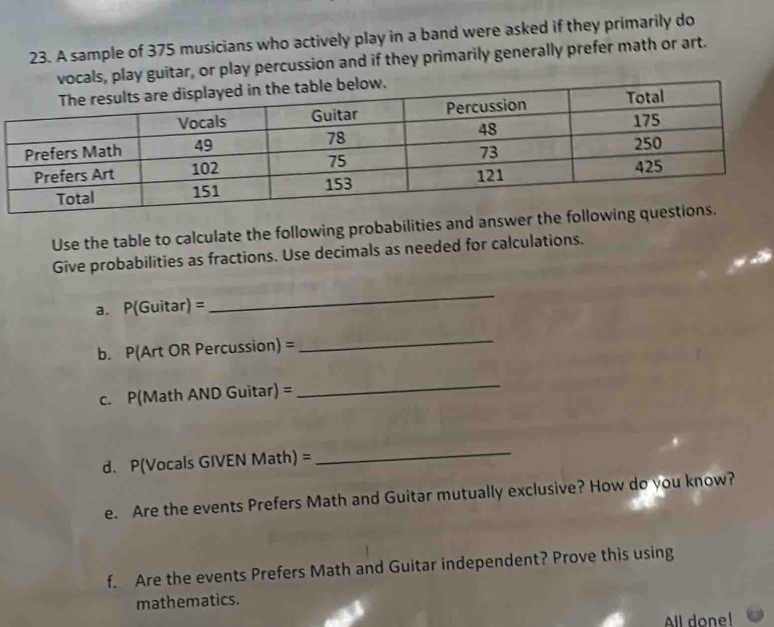 A sample of 375 musicians who actively play in a band were asked if they primarily do 
ocals, play guitar, or play percussion and if they primarily generally prefer math or art. 
Use the table to calculate the following probabilities and answer th 
Give probabilities as fractions. Use decimals as needed for calculations. 
a. P(Guitar) =
_ 
b. P(Art OR Percussion) = 
_ 
c. P(Math AND Guitar) = 
_ 
d. P(Vocals GIVEN Math) = 
_ 
e. Are the events Prefers Math and Guitar mutually exclusive? How do you know? 
f. Are the events Prefers Math and Guitar independent? Prove this using 
mathematics. 
All done!