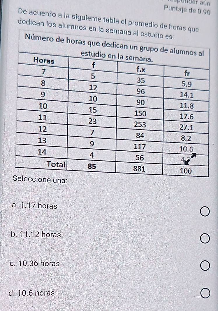 sponder aún
Puntaje de 0.90
De acuerdo a la siguiente tabla el promedio de
dedican los alum
a. 1.17 horas
b. 11.12 horas
c. 10.36 horas
d. 10.6 horas