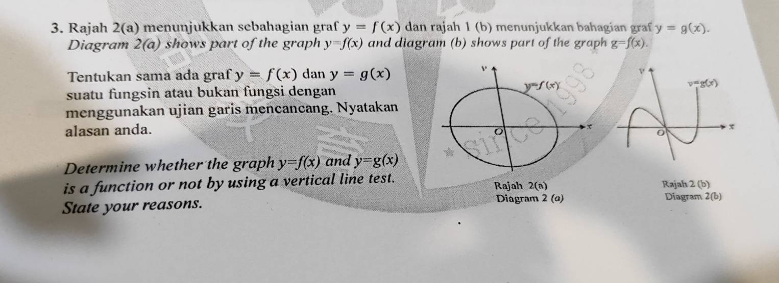 Rajah 2(a) menunjukkan sebahagian graf y=f(x) dan rajah 1 (b) menunjukkan bahagian graf y=g(x).
Diagram 2(a) shows part of the graph y=f(x) and diagram (b) shows part of the graph g=f(x).
Tentukan sama ada graf y=f(x) dan y=g(x)
suatu fungsin atau bukan fungsi dengan
menggunakan ujian garis mencancang. Nyatakan
alasan anda.
Determine whether the graph y=f(x) and y=g(x)
is a function or not by using a vertical line test.Rajah 2(b)
Diagram 2(a) Diagram 2(b)
State your reasons.