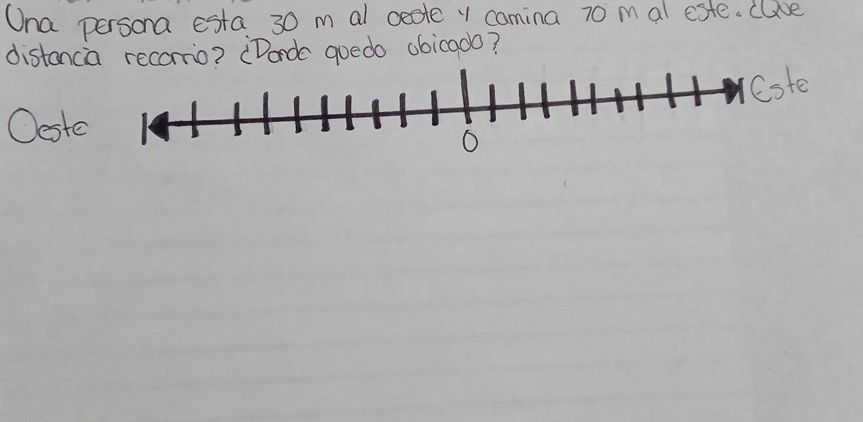 Ona persona esta 30 m al ceote Y camina 70 m al este. clse 
distancia recorio? (Dorde quedo obicado? 
Oest