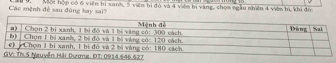 it c a nar ngưor trong to . 
au 9. Một hộp có 6 viên bi xanh, 5 viên bi đỏ và 4 viên bi vàng, chọn ngẫu nhiên 4 viên bị, khi đó: 
Các mệnh đề sau đúng hay sai?