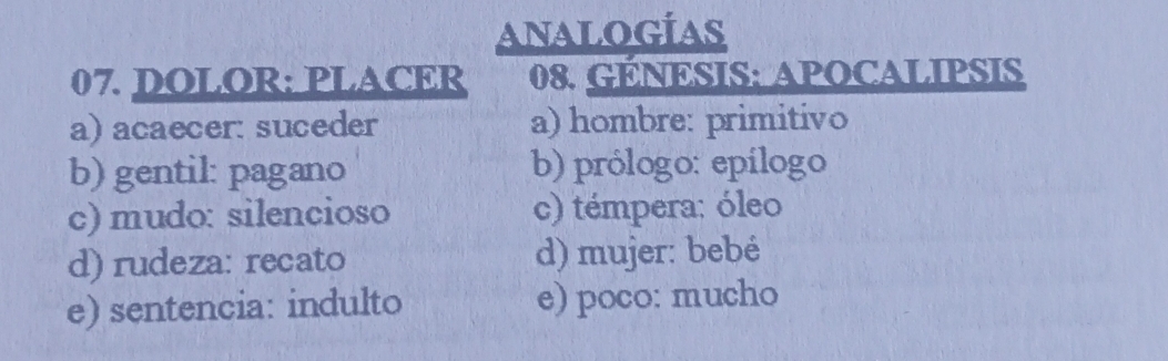 analogías
07. DOLOR: PLACER 08. GÉNESIS: APOCALIPSIS
a) acaecer: suceder a) hombre: primitivo
b) gentil: pagano b) prólogo: epílogo
c) mudo: silencioso c) témpera: óleo
d) rudeza: recato d) mujer: bebé
e) sentencia: indulto e) poco: mucho