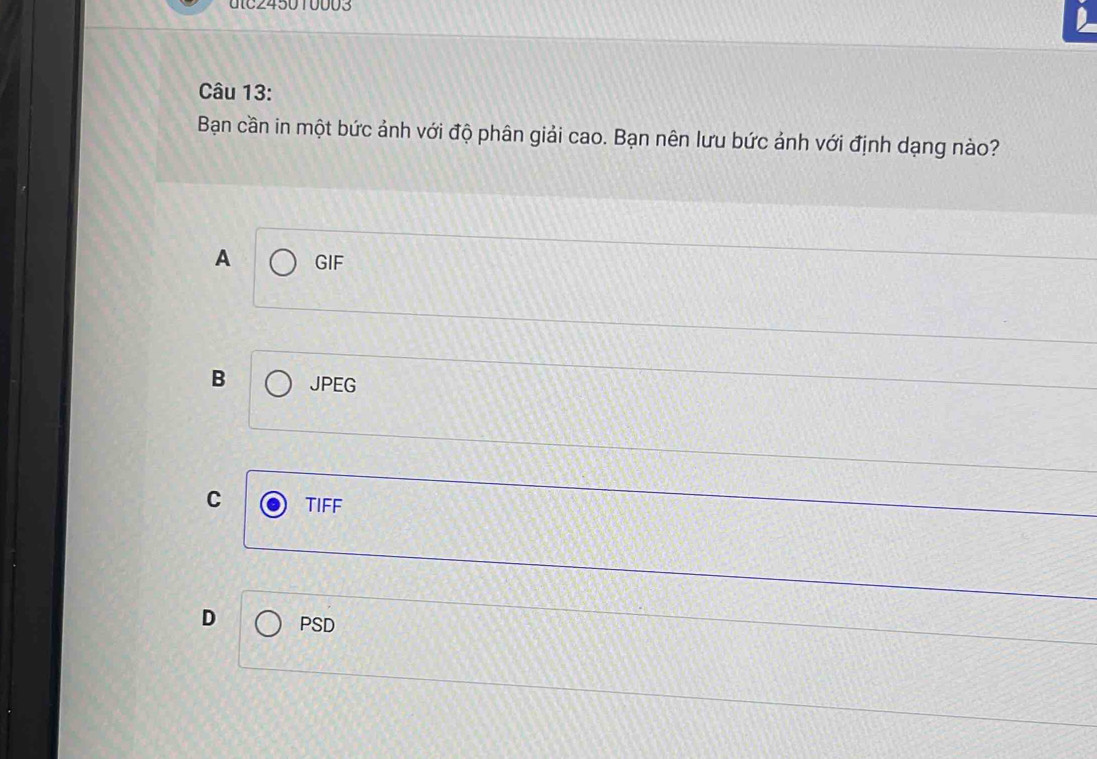 dlc245010003
Câu 13:
Bạn cần in một bức ảnh với độ phân giải cao. Bạn nên lưu bức ảnh với định dạng nào?
A GIF
B JPEG
C TIFF
D PSD