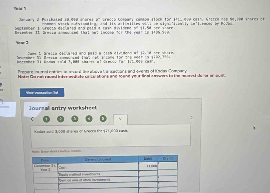Year 1 
January 2 Purchased 30,000 shares of Grecco Company common stock for $411,000 cash. Grecco has 90,000 shares of 
common stock outstanding, and its activities will be significantly influenced by Kodax. 
September 1 Grecco declared and paid a cash dividend of $1.50 per share. 
December 31 Grecco announced that net income for the year is $486,900. 
Year 2 
June 1 Grecco declared and paid a cash dividend of $2.10 per share. 
December 31 Grecco announced that net income for the year is $702,750. 
December 31 Kodax sold 3,000 shares of Grecco for $71,000 cash. 
Prepare journal entries to record the above transactions and events of Kodax Company. 
Note: Do not round intermediate calculations and round your final answers to the nearest dollar amount. 
View transaction list 
Journal entry worksheet
1 2 3 4 5 6
Kodax sold 3,000 shares of Grecco for $71,000 cash. 
bits before credits