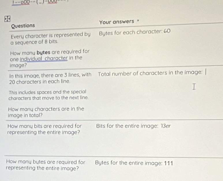 000 
Questions Your answers" 
Every character is represented by Bytes for each character: 60
a sequence of 8 bits. 
How many bytes are required for 
one individual character in the 
image? 
In this image, there are 3 lines, with Total number of characters in the image:
20 characters in each line. 
This includes spaces and the special 
characters that move to the next line. 
How many characters are in the 
image in total? 
How many bits are required for Bits for the entire image: 13er
representing the entire image? 
How many bytes are required for Bytes for the entire image: 111
representing the entire image?