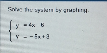 Solve the system by graphing.
beginarrayl y=4x-6 y=-5x+3endarray.