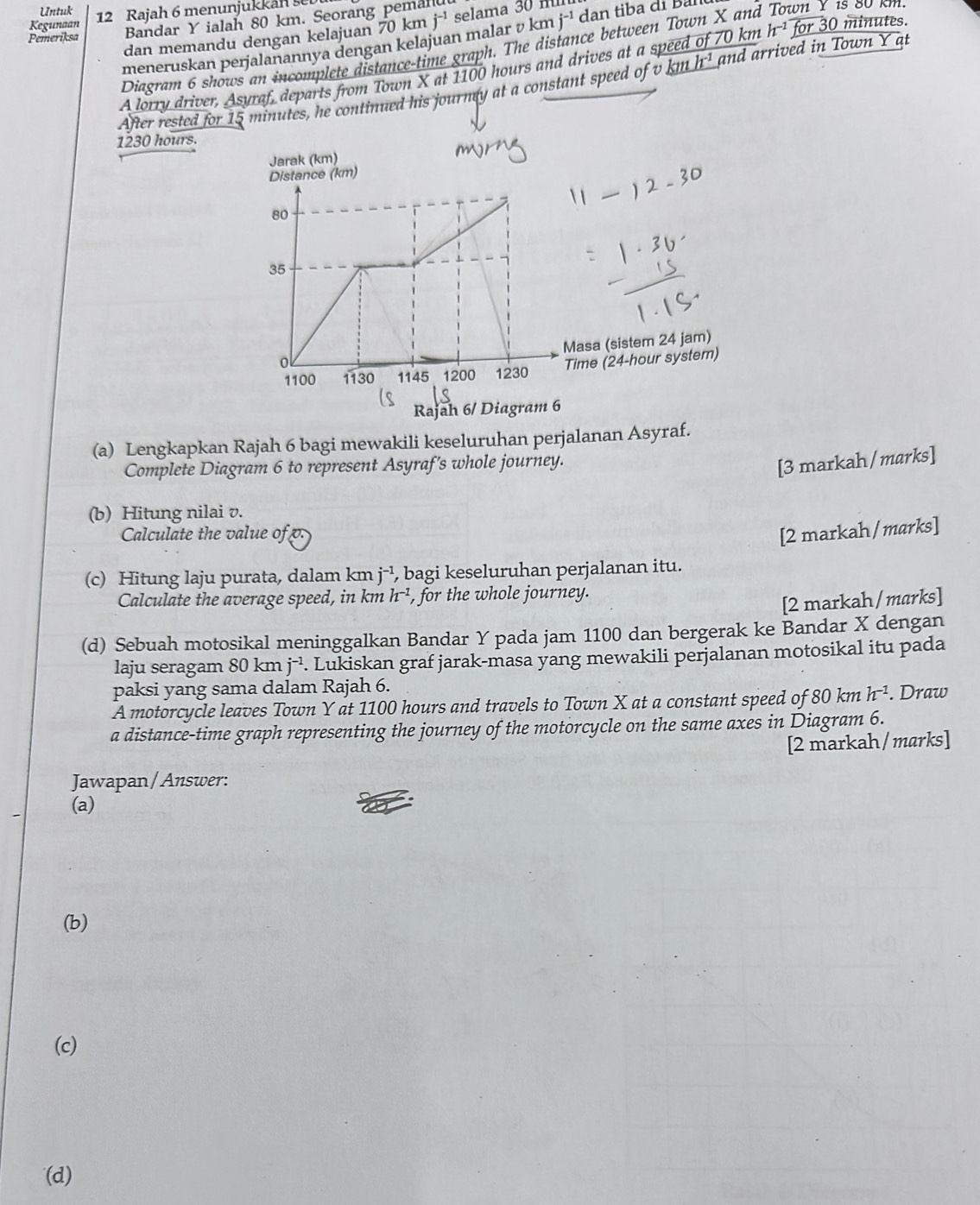 Untuk 
Kegunaan 12 Rajah 6 menunjukkäh set 
Pemeriksa Bandar Y ialah 80 km. Seorang peman selama 30 m dan tiba di Bản s 80 km. 
dan memandu dengan kelajuan 70 km j^(-1)
meneruskan perjalanannya dengan kelajuan malar v km j^(-1)
Diagram 6 shows an incomplete distance-time graph. The distance between Town X and Town Y
A lorry driver, Asyraf, departs from Town X at 1100 hours and drives at a speed of 70 km h^(-1)for30 minutes. 
After rested for 15 minutes, he continued his journey at a constant speed of v km h^(-1) and arrived in Town Y at
1230 hours. 
asa (sistem 24 jam) 
ime (24-hour system) 
(a) Lengkapkan Rajah 6 bagi mewakili keseluruhan perjalanan Asyraf. 
Complete Diagram 6 to represent Asyraf's whole journey. 
[3 markah/marks] 
(b) Hitung nilai v. 
Calculate the value of p : [2 markah/marks] 
(c) Hitung laju purata, dalam km j^(-1) , bagi keseluruhan perjalanan itu. 
Calculate the average speed, in km h^(-1) , for the whole journey. 
[2 markah/marks] 
(d) Sebuah motosikal meninggalkan Bandar Y pada jam 1100 dan bergerak ke Bandar X dengan 
laju seragam 80kmj^(-1). Lukiskan graf jarak-masa yang mewakili perjalanan motosikal itu pada 
paksi yang sama dalam Rajah 6. 
A motorcycle leaves Town Y at 1100 hours and travels to Town X at a constant speed of 80km h^(-1). Draw 
a distance-time graph representing the journey of the motorcycle on the same axes in Diagram 6. 
[2 markah/marks] 
Jawapan/Answer: 
(a) 
(b) 
(c) 
(d)