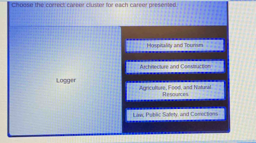 Choose the correct career cluster for each career presented.
Hospitality and Tourism
Architecture and Construction
Logger
Agriculture, Food, and Natural
Resources
Law, Public Safety, and Corrections