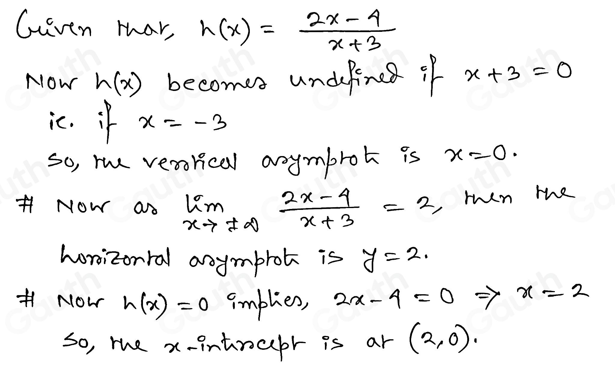 Geeven mar, h(x)= (2x-4)/x+3 
Now h(x) becomes undefinc if x+3=0
ic. if x=-3
so, te verorical anymbrot is x=0. 
H NOw aN limlimits _xto ± ∈fty  (2x-4)/x+3 =2 ren the 
horoizorral aoymprot is y=2. 
HNow h(x)=0 amblies,
2x-4=0
x=2
so, mhe x -introcbr is ar (2,0).