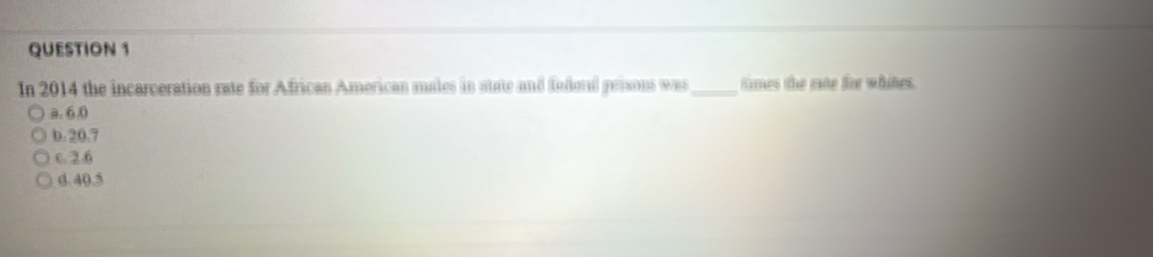 In 2014 the incarceration rate for African American males in state and fudoral peisons was_ times the rate for whites.
a. 6.0
b. 20.7
c. 2.6
d. 40.5