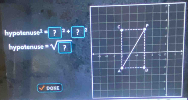 hypotenuse^2= ?^2^2 
hypotenuse =sqrt(?)
DONE