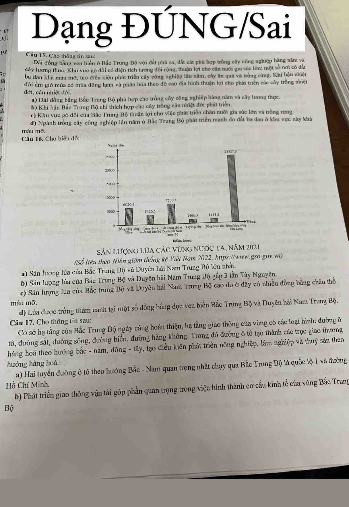 T1 Dạng ĐÚNG/Sai
ự
Bể Câu 15. Cho thông tin sau:
Dải đồng bằng ven biển ở Bắc Trung Bộ với đất phù sa, đất cát phù hợp trồng cây công nghiệp hàng năm và
cây lương thực. Khu vực gò đồi có diện tích tương đổi rộng, thuận lợi cho căn nuôi gia súc lớn; một số nơi có đất
Sº ba dan khá màu mỡ, tạo điều kiện phát triển cây công nghiệp lâu năm, cây ăn quả và trồng rừmg. Khí hậu nhiệt
B đới ẩm gió mùa có mùa đông lạnh và phân hóa theo độ cao địa hình thuận lợi cho phát triển các cây trồng nhiệt
1 ( đới, cận nhiệt đới.
a) Dái đồng bằng Bắc Trung Bộ phù hợp cho trồng cây công nghiệp hàng năm và cây lương thực.
b) Khí hậu Bắc Trung Bộ chi thích hợp cho cây trồng cận nhiệt đới phát triển.
c) Khu vực gò đồi của Bắc Trung Bộ thuận lợi cho việc phát triển chăn nuôi gia súc lớn và trồng rừng.
d) Ngành trồng cây công nghiệp lâu năm ở Bắc Trung Bộ phát triển mạnh do đất ba dan ở khu vực này khá
màu mỡ.
Câu 16. Cho biểu đồ:
SảN LƯợNG LÚA CÁC VỦNG NƯỚC TA, năm 2021
(Số liệu theo Niên giám thống kê Việt Nam 2022, https://www.gso.gov.vn)
a) Sản lượng lúa của Bắc Trung Bộ và Duyên hải Nam Trung Bộ lớn nhất.
b) Sản lượng lúa của Bắc Trung Bộ và Duyên hải Nam Trung Bộ gấp 3 lần Tây Nguyên.
c) Sản lượng lúa của Bắc trung Bộ và Duyên hải Nam Trung Bộ cao do ở đây có nhiều đồng bằng châu thổ
màu mỡ.
d) Lúa được trồng thâm canh tại một số đồng bằng dọc ven biển Bắc Trung Bộ và Duyên hải Nam Trung Bộ.
Câu 17. Cho thông tin sau:
Cơ sở hạ tầng của Bắc Trung Bộ ngày cảng hoàn thiện, hạ tầng giao thông của vùng có các loại hình: đường ô
tô, đường sắt, đường sông, đường biển, đường hàng không. Trong đó đường ô tô tạo thành các trục giao thương
hàng hoá theo hướng bắc - nam, đông - tây, tạo điều kiện phát triển nông nghiệp, lâm nghiệp và thuỷ sản theo
hướng hàng hoá.
a) Hai tuyến đường ô tô theo hướng Bắc - Nam quan trọng nhất chạy qua Bắc Trung Bộ là quốc lộ 1 và đường
Hồ Chí Minh.
b) Phát triển giao thông vận tải góp phần quan trọng trong việc hình thành cơ cấu kinh tế của vùng Bắc Trung
Bộ