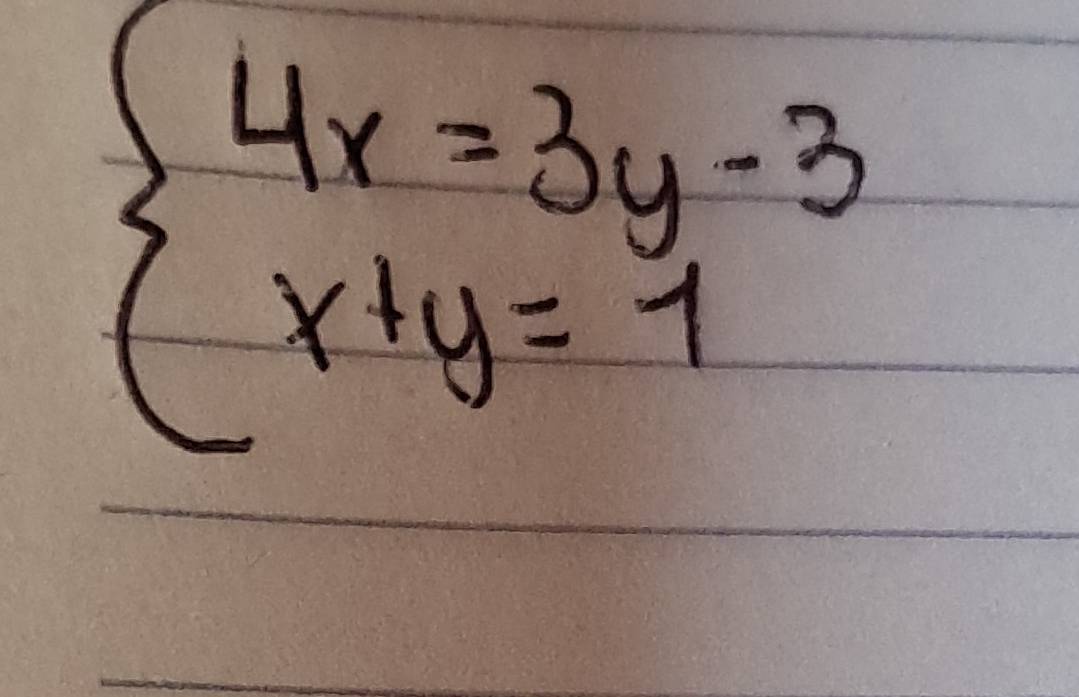 beginarrayl 4x=3y-3 x+y=7endarray.