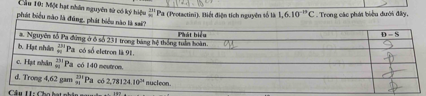 Một hạt nhân nguyên tử có ký hiệu _(91)^(231)Pa (Protactini). Biết điện tích nguyên tố là 1,6.10^(-19)C. Trong các phát biểu dưới đây,
phát biểu nào là đúng
Câu 11: Cho hạt nhân