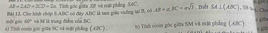 AB=2AD=2CD=2a v. Tính góc giữa SB và mặt phẳng SAC. 
Bài 12. Cho hình chóp S. ABC có đáy ABC là tam giác vuông tại B, có AB=a; BC=asqrt(3). Biết SA⊥ (ABC) , SB tạ 5: Cho 
một góc 60° và M là trung điểm của BC. 
a) Tính cosin góc giữa SC và mặt phẳng (ABC) . b) Tính cosin góc giữa SM và mặt phẳng (ABC). c giữa 
c giữ