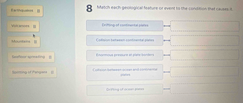 Earthquakes [
8 Match each geological feature or event to the condition that causes it.
Volcanoes Drifting of continental plates
Mountains I Collision between continental plates
Seafloor spreading = Enormous pressure at plate borders
Spiltting of Pangaea ] Collision between ocean and continental
plates
Drifting of ocean plates