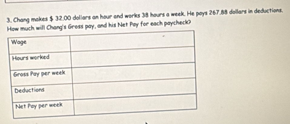 Chang makes $ 32.00 dollars an hour and works 38 hours a week. He pays 267.88 dollars in deductions. 
l Chang's Gross pay, and his Net Pay for each paycheck?