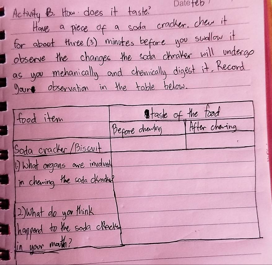 teb 
Activity B. How does it taste? 
Have a piece of a soda cracker. chew it 
for about three(3) minutes before you swollow it 
observe the changes the soda chraker will undergo 
as you mehanically and chemically digest it. Record 
gour observation in the table below.