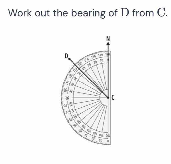 Work out the bearing of D from C. 
N 
D 160
170 180
140 150
20 10
30
130 40
8 50
8
8
(
3 8
8 ObL 
Ob Ost
091
OE OZL 081
a 
OL 0