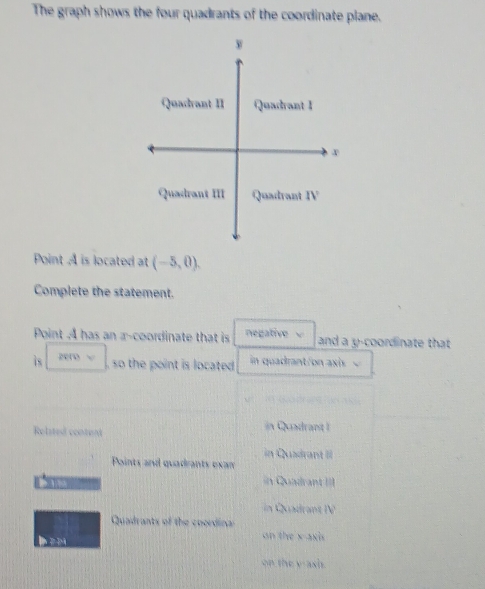 The graph shows the four quadrants of the coordinate plane.
3
Quadrant II Quadrant I
Quadrant III Quadrant IV 
Point A is located at (-5,0). 
Complete the statement.
Point A has an a-coordinate that is negative and a y-coordinate that 
ix 204% , so the point is located in quadrant/on axis
Related content in Quadrant I
in Quadrant II
Points and quadrants exan
= Quadrant ===
in Quadrant IV
Quadrants of the coordina
on the x axis
on the y -ash.