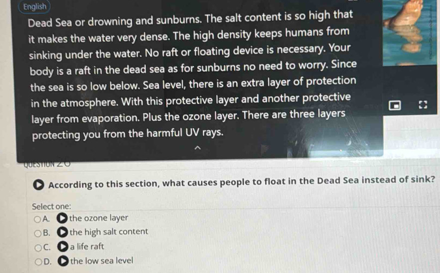 English
Dead Sea or drowning and sunburns. The salt content is so high that
it makes the water very dense. The high density keeps humans from
sinking under the water. No raft or floating device is necessary. Your
body is a raft in the dead sea as for sunburns no need to worry. Since
the sea is so low below. Sea level, there is an extra layer of protection
in the atmosphere. With this protective layer and another protective
layer from evaporation. Plus the ozone layer. There are three layers
protecting you from the harmful UV rays.
QUESTION ∠ 
According to this section, what causes people to float in the Dead Sea instead of sink?
Select one:
A. ● the ozone layer
B. ● the high salt content
C. ● a life raft
D. . ● the low sea level