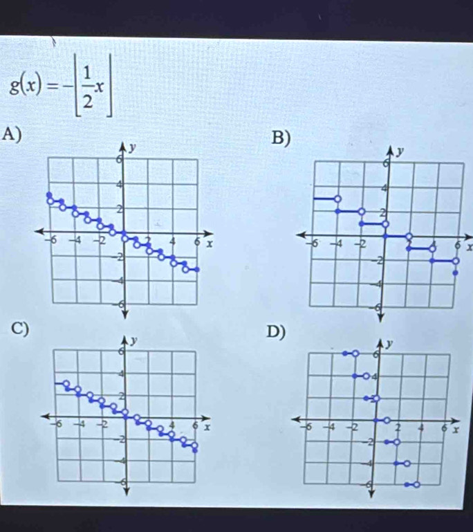 g(x)=-[ 1/2 x]
A) 
B)
x
C) 
D)
y
6
〇 4
6 -4 -2 2 4 6 x
-2
-4 。
-6