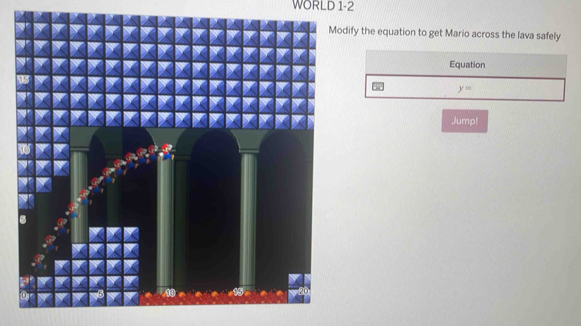 WORLD 1-2 
dify the equation to get Mario across the lava safely 
Equation
y=
Jump!