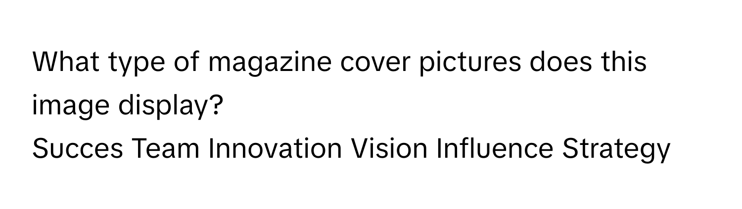 What type of magazine cover pictures does this image display?  
Succes Team Innovation Vision Influence Strategy