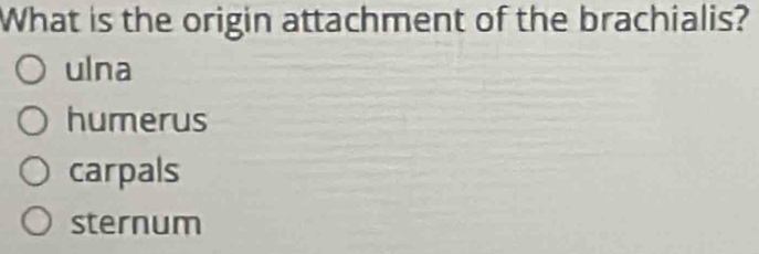 What is the origin attachment of the brachialis?
ulna
humerus
carpals
sternum