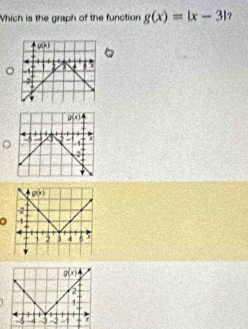 Which is the graph of the function g(x)=|x-3| 7
。