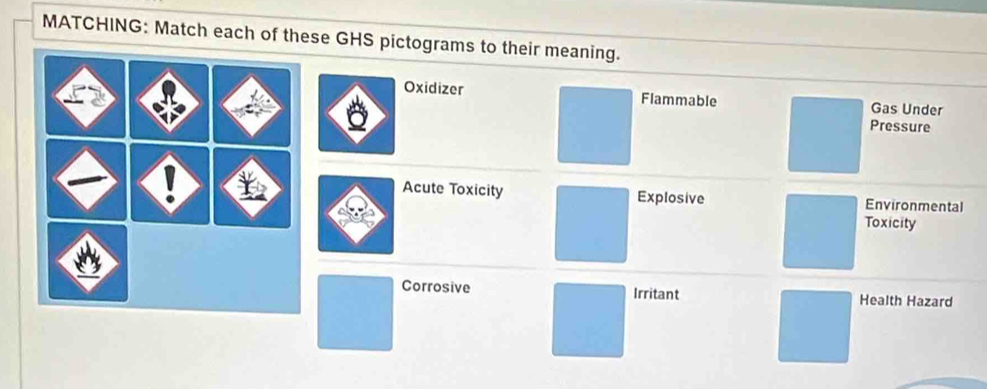 Solved: MATCHING: Match each of these GHS pictograms to their meaning ...