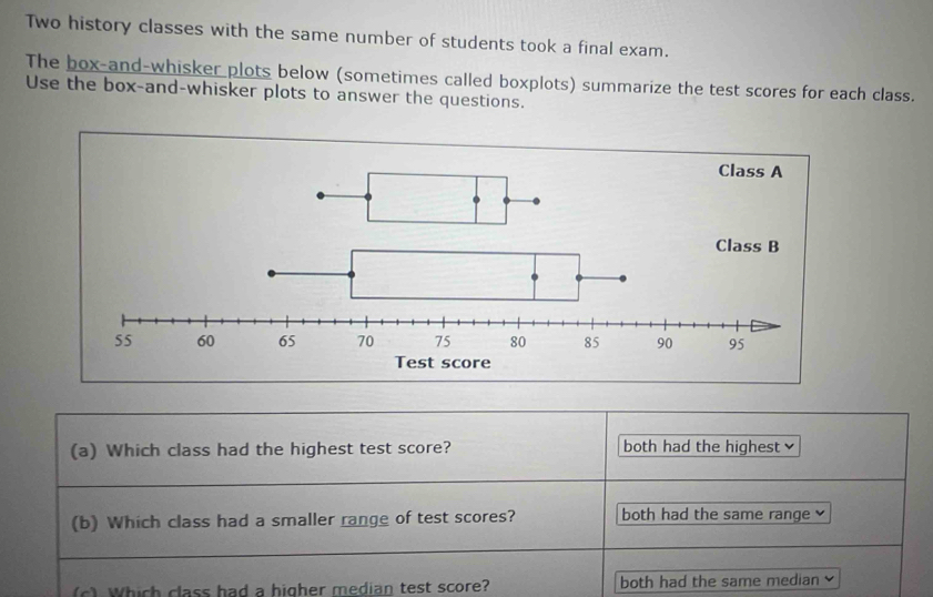 Two history classes with the same number of students took a final exam.
The box-and-whisker plots below (sometimes called boxplots) summarize the test scores for each class.
Use the box-and-whisker plots to answer the questions.
(a) Which class had the highest test score? both had the highest ≌
(b) Which class had a smaller range of test scores? both had the same range ~
c) Which class had a higher median test score? both had the same median