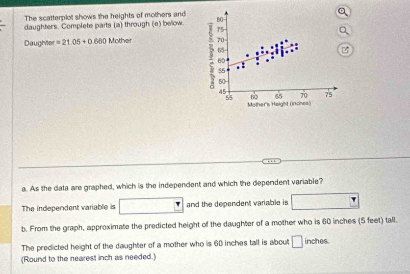 The scatterplot shows the heights of mothers and 
daughters. Complete parts (a) through (e) below. 
Daughter =21.05+0.660 Mother 
a. As the data are graphed, which is the independent and which the dependent variable? 
The independent variable is □ and the dependent variable is □
b. From the graph, approximate the predicted height of the daughter of a mother who is 60 inches (5 feet) tall. 
The predicted height of the daughter of a mother who is 60 inches tall is about □ inches. 
(Round to the nearest inch as needed.)