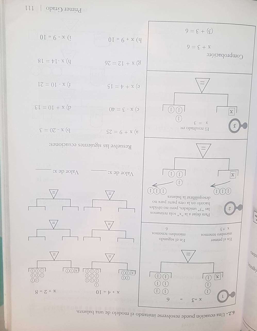 6.2.- Una ecuación puede resolverse imitando el modelo de una balanza.
x+4=10
x+2=8
a ①
1
①
x|①①
Ognits
=
En el primer En el segundo
miembro tenemos miembro tenemos
x+3
6
=
Para dejar a la "x" sola retiramos
2 las "3" unidades, pero no olvides
hacerlo en la otra parte para no
desequilibrar la balanza
①① 1
1
=
1
1 1
x Valor de x:_ Valor de x:
_
= Resuelve las siguientes ecuaciones:
a)
x+9=25
b) x-20=3
c) x-3=40 x+10=13
d)
e) x+4=15
f) x-10=21
g) x+12=26
h) x-14=18
Comprobación:
x+3=6
h) x+9=10
i) x-9=10
(3)+3=6
Primer Grado | 111