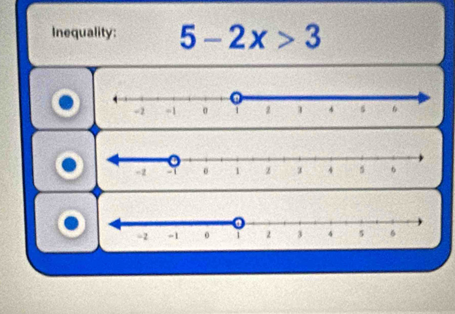 Inequality:
5-2x>3