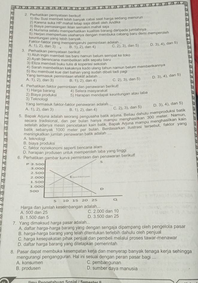 1  
2. Perhatikan pernyataan berikut!
1) Ibu Susi membeli lebih banyak cabai saat harga sedang menurun
2) Karena suka HP mahal tetap saja dibeli oleh Andika
3) Biaya pemasangan iklan semakin mahal saja
4) Nurisma selalu memperhatikan kualitas barang daripada jumlahnya
5) Herjan memperluas usahanya dengan membuka cabang baru demi memperoleh
keuntungan yang lebih banyak.
Faktor-faktor yang mempengaruhi permintaan adalah..
A. 1), 2), dan 3) 。 B. 1), 2), dan 4) C. 2), 3), dan 5) D. 3), 4), dan 5)
3. Perhatikan pernyataan berikut:
1) Aluh ingin membeli tas baru namun belum sempat ke toko
2) Ayah berencana membelikan adik sepatu baru
3) Eliza membeli buku tulis di koperasi sekolah
4) Sarah membelikan kakaknya kado ulang tahun namun belum memberikannya
5) Ibu membuat kue dari bahan yang sudah dibeli tadi pagi
Yang termasuk permintaan efektif adalah ...
A. 1), 2), dan 3) B. 1), 2), dan 4) C. 2), 3), dan 5) D. 3), 4), dan 5)
4. Perhatikan faktor permintaan dan penawaran berikut!
1) Harga barang 4) Selera masyarakat
2) Biaya produksi 5) Harapan mendapat keuntungan atau laba
3) Teknologi
Yang termasuk faktor-faktor penawaran adalah ...
A. 1), 2), dan 3) B. 1), 2), dan 4) C. 2), 3), dan 5) D. 3), 4), dan 5)
5 setelah adanya mesin pencetakan kain batik, Bapak Arjuna mampu menghasilkan kain
5. Bapak Arjuna adalah seorang pengusaha batik arjuna. Beliau dahulu memproduksi batik
secara tradisional, dan per bulan hanya mampu menghasilkan 300 meter. Namun
batik sebanvak 1000 meter per bulan. Berdasarkan ilustrasi tersebut, faktor yang i 
meningkatkan jumlah penawaran batik adalah ....
A. teknologi
B. biaya produksi
C. faktor nonekonomi seperti bencana alam
D. harapan produsen untuk memperoleh laba yang tinggi
6. Perhatikan gambar kurva permintaan dan penawaran berikut!
2 
- 
Harga dan jumlah keseimbangan adalah...
A. 500 dan 25 C. 2.000 dan 10
B. 1.500 dan 5 D. 3.500 dan 25
7. Yang dimaksud harga pasar adalah...
A. daftar harga-harga barang yang dengan sengaja dipampang oleh pengelola pasar
B. harga-harga barang yang telah ditentukan terlebih dahulu oleh penjual
C. harga kesepakatan pihak penjual dan pembeli melalui proses tawar-menawar
D. daftar harga barang yang ditetapkan pemerintah
8. Pasar dapat membuka kesempatan kerja dan menyerap banyak tenaga kerja sehingga
mengurangi pengangguran. Hal ini sesuai dengan peran pasar bagi ...
A. konsumen C. pembangunan
B. produsen D. sumber daya manusia
m u  Rengetabuan Sosial / Semester